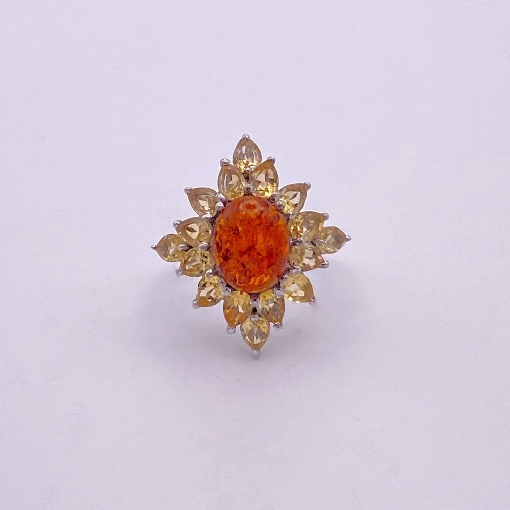 Genuine Baltic Amber and Citrine Floral Ring; 925 Sterling Silver; Size 7 - Picture 1 of 5